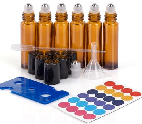 ComSaf Lot de 6 bouteilles en verre à bille pour huiles essentielles de 10 ml - Anti-UV - Avec bille en acier inoxydable - Entonnoir - Décapsuleur - Étiquettes, pipettes - Pour aromathérapie - Massage