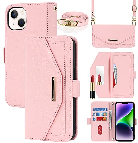 Cavor Coque Compatible avec iPhone 15 Plus Etui avec Cordon,Flip Portefeuille Étui Cuir,[5 Porte Cartes][Miroir][Magnétique][Réglable Collier] Housse - Rose