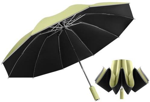 ThreeH Reise-Regenschirm Automatisch öffnen und schließen mit Stahlschaft 10 Rippen Reflektorstreifen für Männer Frauen Umgekehrter großer Regenschirm,Grün