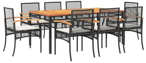 vidaXL 9-Piece Poly Rattan Garden Dining Set with Cushions – Outdoor Patio Furniture with Washable Covers – Black Rattan, Acacia Wood Table