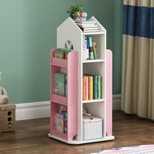 BTGGG Kids Bookshelf Rotating Children's Bookcase with Storage, Bookcase Floor Standing Book Storage Rack Kids Bookshelves Organiser for Kid Room, Bedroom, Study, Kindergarden Pink