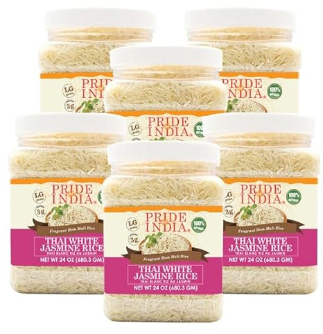 Pride Of India - PACK of 6 - Thai White Jasmine Rice - Fragrant Hom Mali Rice, 1.5 Pound Jar