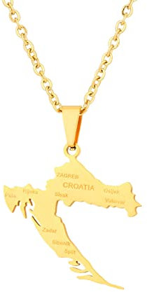 Kroatien-Karten-Halskette Für Herren – Kroatien-Karte Und Städtenamen-Anhänger-Halskette, Freundschaftskette, Kroatien-Charm-Halskette, Leichter Luxusschmuck, Zierliche Anhänger-Halskette, Gelb