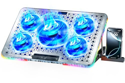 LIANGSTAR Laptop Cooling Pad, Laptop Cooler Gaming 5 Quiet Fans with Large Metal Plate for 12-17.3 Inch Fan Stable Stand, 4 Modes RGB Light, 7 Height & Adjust Speed, 2 USB Port & Phone Holder