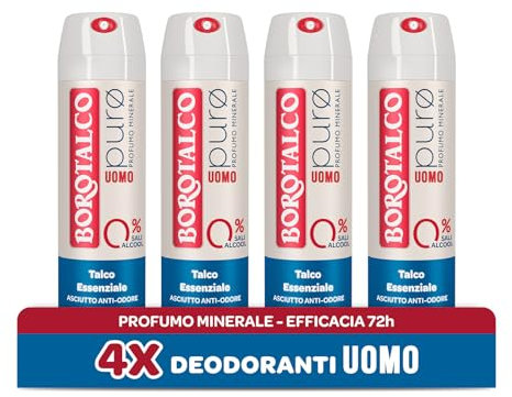 Borotalco, Herren-Deodorant, reines Spray, mit ätherischem Talkum, Formel ohne Alkohol und Aluminiumsalze, trocken gegen Gerüche, 72h Wirksamkeit, mineralischer Duft – 4 Flaschen à 150 ml