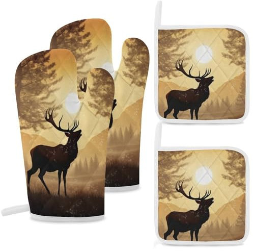 Ofenhandschuhe und Topflappen, 4 Stück, Küchen-Ofenhandschuh, Elch, Kunstwerk, Ofenhandschuh, rutschfeste Ofenhandschuhe zum Kochen, hitzebeständige heiße Pads für Mikrowelle, BBQ