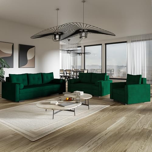 MOTIVENA Vienna Sofagarnituren, Sofa Set 3 2 1 Wohnzimmer, Sofa 3 2 1 Set, Couch Set, Futon Set, Wohnzimmer Couch Set, Couch 3 2 1 Set, Taschenfederkern (H3), Samt, Grün (Dunkelgrün)