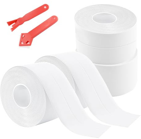 BEASAFY 4 piezas juntas blancas para cuarto de baño, 3,2 m x 3,8 cm cinta adhesiva adhesiva de PVC cinta selladora con 2 herramientas de sellado para cocina, cuarto de baño, inodoro