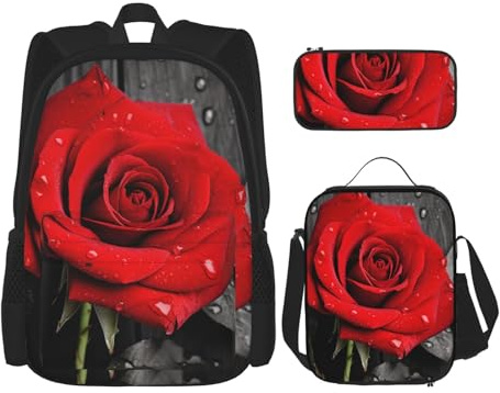 Dwrepo 3PCS Backpack Set with Lunch Bag Pen Box Black Red Rose Travel Backpack Large Capacity Laptop Backpack for Men Women Casual Daypacks Lunch Box Pen Case 3 in 1 Set, Black, One Size, Travel,