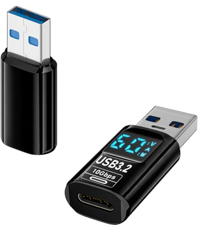 QIANRENON PD 60W USB 3.2 Stecker auf Type C Buchse Digitaler Display Anschluss 10Gbps Ladung Anzeige Adapter A auf C Aufladen Echtzeit Überwachung, 2 Stück