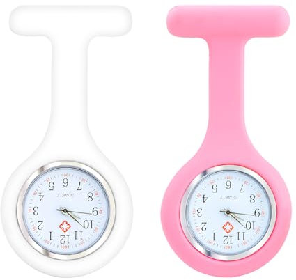 Nurse Watch, 2PCS Nurses Fob Watch Brooch with Pin for Women, Silicone Health Care Pocket Watches for Nurses Doctors Paramedic, Infection Control Design, Pink and White