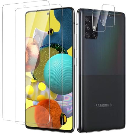 BIESHKJ 2+ 2Pack pour Samsung Galaxy A51 de Protection Verre Trempé + Protecteur D'objectif D'appareil Photo, Dureté 9H Vitre, Compatible Avec Les Coques et Résistant Aux Rayures