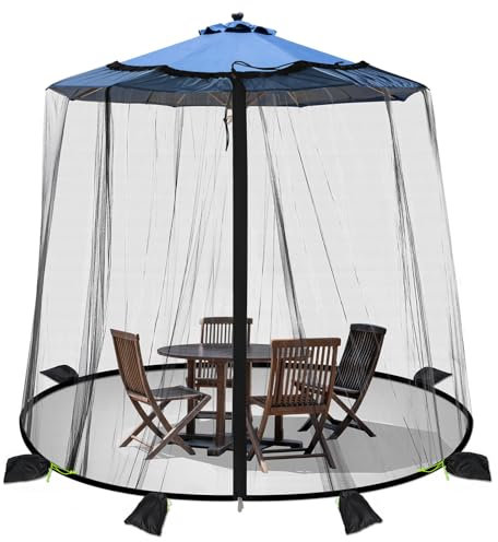 WANRU Zanzariera per patio, zanzariera, per ombrelloni e tavoli da patio, con 2 porte con cerniera e 6 sacchi di sabbia, 8 morsetti