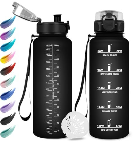 Bouteille d’eau 1.5L, Gourde Sport, Gourde avec Filtre, Gourde Marqueur de Temps, Gourde Motivation, Étanche et Réutilisable, Bouteille pour Adulte, Voyage, Bureau, Course à Pied, Camping, Gym