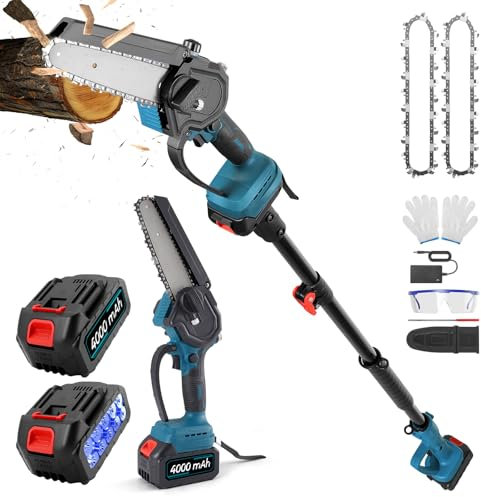MINENICE 2-in-1 Sega a Batteria per Potatura e 6 Pollici Mini Motosega, 4.9-6.8FT Potatore Telescopico a Batteria con 2 Batteries 4000mAh, Motosega Brushless per la potatura degli alberi