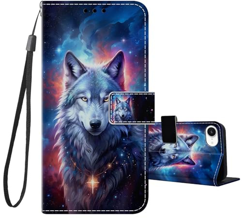 JRIANY Wallet Flip Case for iPhone 17e / 16e with Card Holder, Red Wolf | PU Leather Phone Case with Card Slots, Cute Pattern Animal Design, Shockproof Protective Cover, Wrist Strap, Magnetic Closure