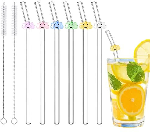 6 Pcs Glass Straws with 2 Cleaning Brushes, Cute Colorful Cloud Glass Straws Shatter Resistant, Reusable Straw for Coffee Lover, Milkshake, Smoothies, Juice, Aesthetic Gift