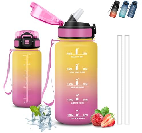 Gourde, 500ml Gourde Enfant, Gourde avec Paille, Anti Fuite, Gourde Graduée pour 1 Journee, Facile à Nettoyer, Gourde Motivation, avec Marqueur de Temps, Bouteille d'eau pour École, Camping, Bureau
