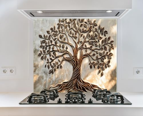 Myphotostation 110x70cm Bronze & White Tree of Life Glass Splashback for stove Tempered Glass Backsplash, Glass Backguards For Kitchen, Stove Wall Protector, Cooker Wall Panel, Stove Back Cover