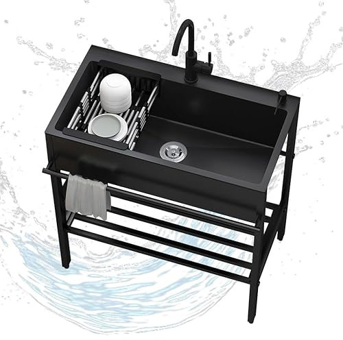 Évier Inox 1 Bac Avec Robinet, Extérieur Évier De Jardin Lavabo, Éviers Commerciaux Autoportant, Pour Garage Camping(68 * 45cm/26.8 * 17.7in)