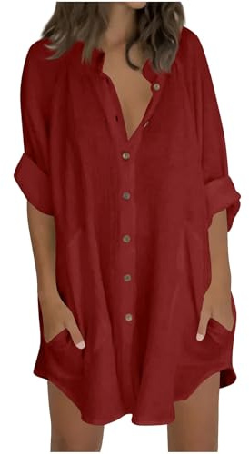 Keepink Damen-Oberteil, Übergröße, Baumwollleinen, Knopfleiste, Sommer, lässig, Bluse, Roll-Up-Ärmel, Tops, extra langes Oberteil mit Taschen, Hawaii-Strandbekleidung, Damenbekleidung, 4 Rot, 48