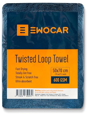 Ewocar Panno asciutto in microfibra per auto, 50 x 70 cm, 600 GSM, Twisted Loop, ultra assorbente, non lascia pelucchi, per la cura professionale del veicolo