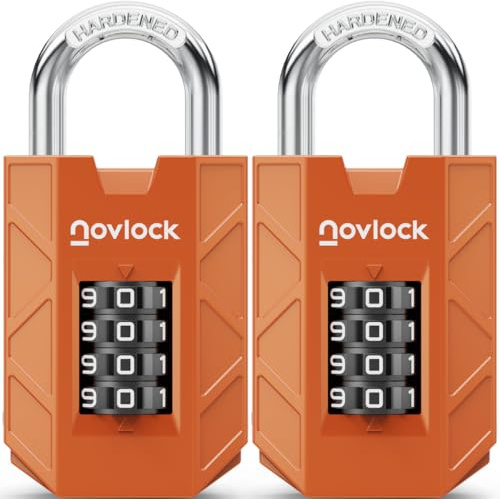 NovLock Combination Padlock, Sturdy 4-Digit Lock for Lockers, Sheds & Gates | Sturdy & Secure, Easy-Read Dials, Weatherproof, Hardened Steel Shackle, for Lockers, Cabinets, Sheds & Gates, 2-Pack, Orange