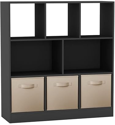 URBNLIVING Asymmetrical 8-Cube Bookcase Shelf – Black Storage Unit with 3 Fabric Drawers, Modern Display Organizer for Home or Office - Beige