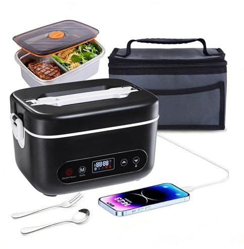 Fagalil Cordless Heated Lunch Box, 1.2L Battery Powered | Portable Stainless Steel Food Warmer, Includes Tableware & Insulated Bag, For Car Work Travel Picnic Home