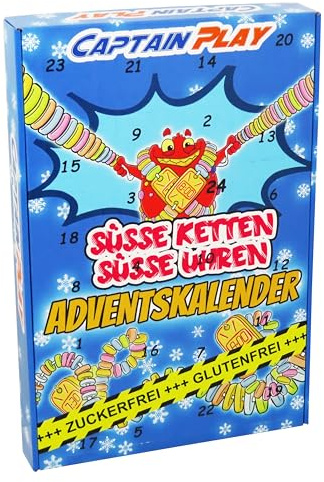Zuckerfreie Süße Uhren und Süße Ketten Adventskalender, CAPTAIN PLAY Retro Süßigkeiten ohne Zucker und ohne Gluten , Geschenkidee mit 24 Stück in Einzelverpackung, 366g