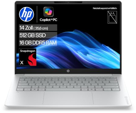 HP OmniBook 3 Laptop, 14 WUXGA, Snapdragon X, 16GB RAM, 512GB SSD | Leistungsstarkes KI-Notebook mit Copilot+ und extra langer Akkulaufzeit - kein Ladegerät enthalten, QWERTZ, Silber