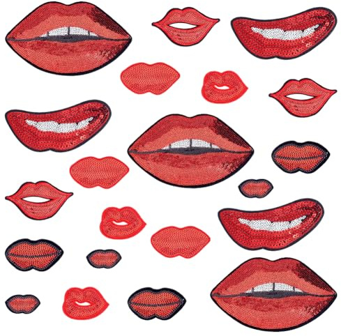 PH PandaHall 7 Stile Mund Gestickte Aufnäher 21 Stück Rote Lippen Bügelaufnäher Pailletten Lippen Aufnäher zum Annähen Kuss Lippenapplikation Stoff Patch für Nähen Kleidung Hut Rucksäcke Hemd Jeans