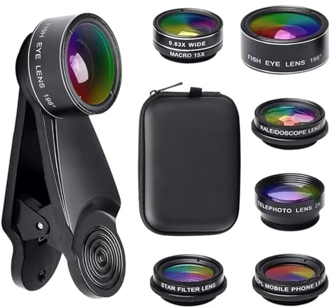 7 en 1 Kit Universal de Lentes para teléfono móvil, Objetivo para movil, Ojo de Pez 198°, Lentes Macro y Gran Angular, Teleobjetivo, CPL, caleidoscopio, Star Filtro, para la mayoría de Smartphone
