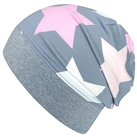 Wollhuhn ÖKO Leichte Mädchen/Jungen Beanie-Mütze Bündchen Elastisch Übergangszeit/Sommer Kinder-Mütze Baumwolle (Öko-Stoffe, Bio) 22222235 (Big Stars Grau/Rosa, M)