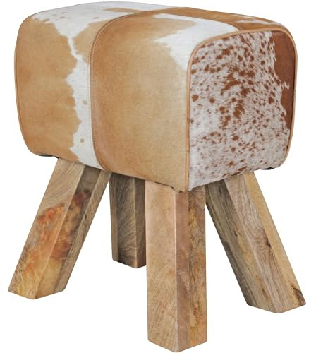 Wohnling Design Turnbock Sitzhocker Ziegenfell Braun/Weiß 40 x 30 x 47 cm, Turnhocker Hocker Fellhocker Springbock, Beistellhocker Fußhocker