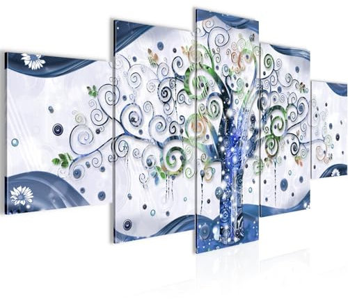 Runa Art Tableau mural Gustav Klimt Arbre De Vie 5 Parties Impression sur Toile Intissee Decotation Salon Abstrait Bleu 003052b