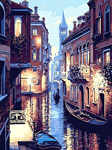 YEESAM ART Malen nach Zahlen für Erwachsene Kinder, Venedig Wasser Stadt Nachtansicht 40x50 cm Leinen Segeltuch, DIY ölgemälde Weihnachten Geschenke