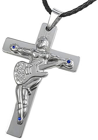 AURSTORE Pendentif Croix Guitare JH, Collier Johnny hallyday, Vendue à Ses Concerts, Parure en Acier Inoxydable avec Cordon en Cuir de 55cm ou chaine Acier 60cm (Pierre Bleu Cordon Cuir)