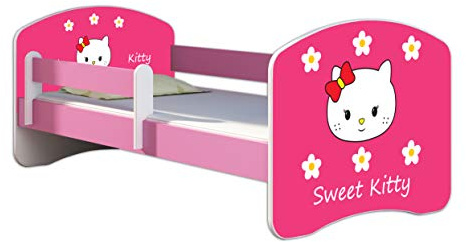 Kinderbett Jugendbett mit einer Schublade und Matratze Rausfallschutz Rosa 70 x 140 80 x 160 80 x 180 ACMA II (16 Sweet Kitty 2, 80 x 180 cm)