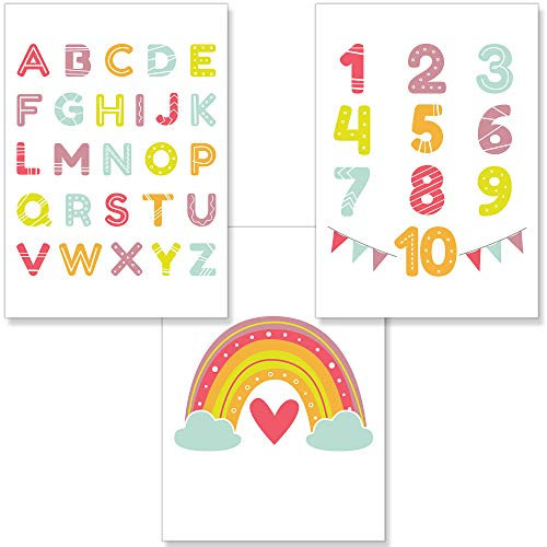 PREMYO Bilder Kinderzimmer Deko Mädchen Jungen - Alphabet ABC Poster Set Babyzimmer - Wandbilder Schlafzimmer Unisex A4