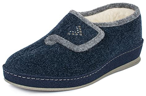 SCHAWOS Mujer Zapatilla con Cierre Johanna – Pantufla de fieltro con lana, suela antideslizante, cálida y práctica, marine, 40 EU