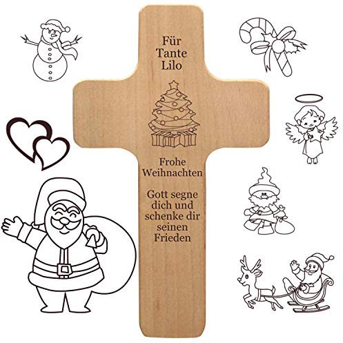 Weihnachten Deko Kreuz mit individueller Gravur - personalisiert mit Spruch + Motiv - Holz Kruzifix als Geschenk zu Weihnachten, Nikolaus, Advent, Neujahr, günstige Weihnachtsdeko