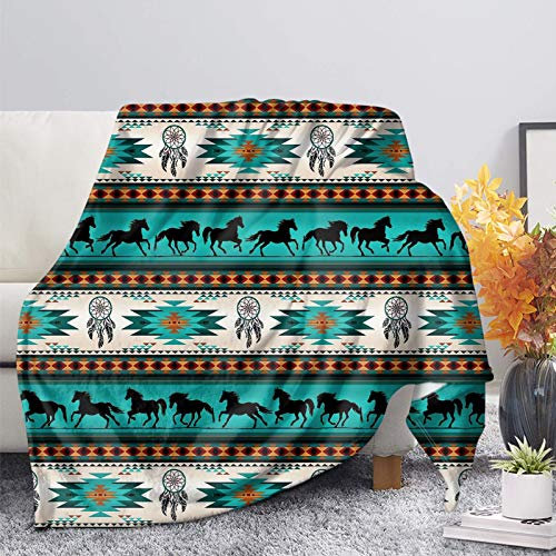 COEQINE Türkise Decken für Couch, Tribal-Pferd-Muster, Überwurf, Decken für Schlafzimmer, weiche, gemütliche warme Decke und Überwürfe für Damen, Herren, Jungen, Mädchen