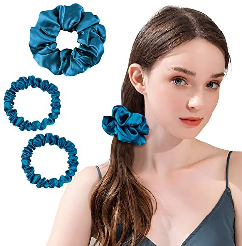 OLESILK 3er-Set 100% Seide Haargummis Kleine Scrunchies Haarschmuck Zopfgummi Haare Ringe Elastische Haarbänder Gummibänder, Pfaublau