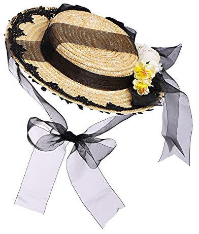 COSDREAMER Chapeau de Soleil Victorien pour Filles et Femmes - Chapeau de Paille Lolita (Noir)