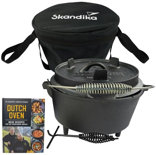 Skandika Dutch Oven Flame Master 5,1-13,8 L | Faitout Marmite en fonte avec couvercle, avec/sans pieds, lève-couvercle et sac | Four hollandais, barbecue, camping (13,8 litres, Avec pieds)