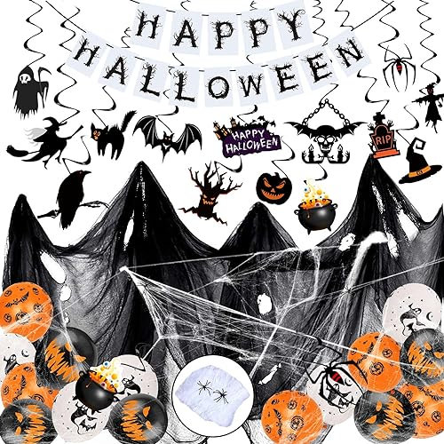 iZoeL Halloween Deko Set, Gruselig Party Stoff, Spiralen Deckendeko, Horror HAPPY HALLOWEEN Girlande, Halloween Latexballons,Mini Spinnen,Spinnennetz Indoor Garten Halloween Dekoration Partydeko