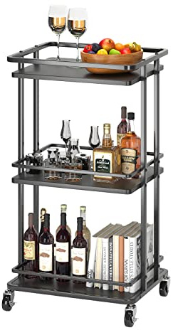 XYZLVSI Carrito de barra rodante de 3 niveles, carrito de almacenamiento de isla de cocina de madera y metal con ruedas, carrito de almacenamiento multifunción para el hogar, cocina, bar, comedor,