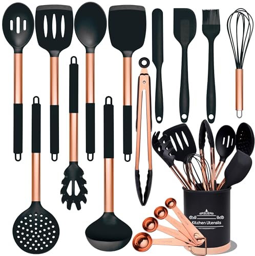 BBN Lot d'ustensiles de cuisine en silicone, 17 pièces, accessoires de cuisine en silicone or rose, antiadhésifs résistants à la chaleur, utilisation pour la cuisine