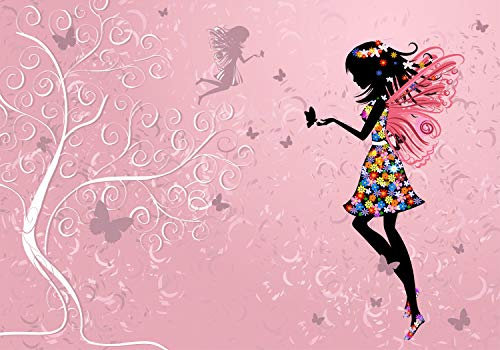 wandmotiv24 Fototapete Elfen Baum rosa Blumen, 400 x 280 cm - selbstklebende Strukturtapete, Wanddeko, Wandbild, Wandtapete, Schmetterlinge Fantasy Silhouette M6588